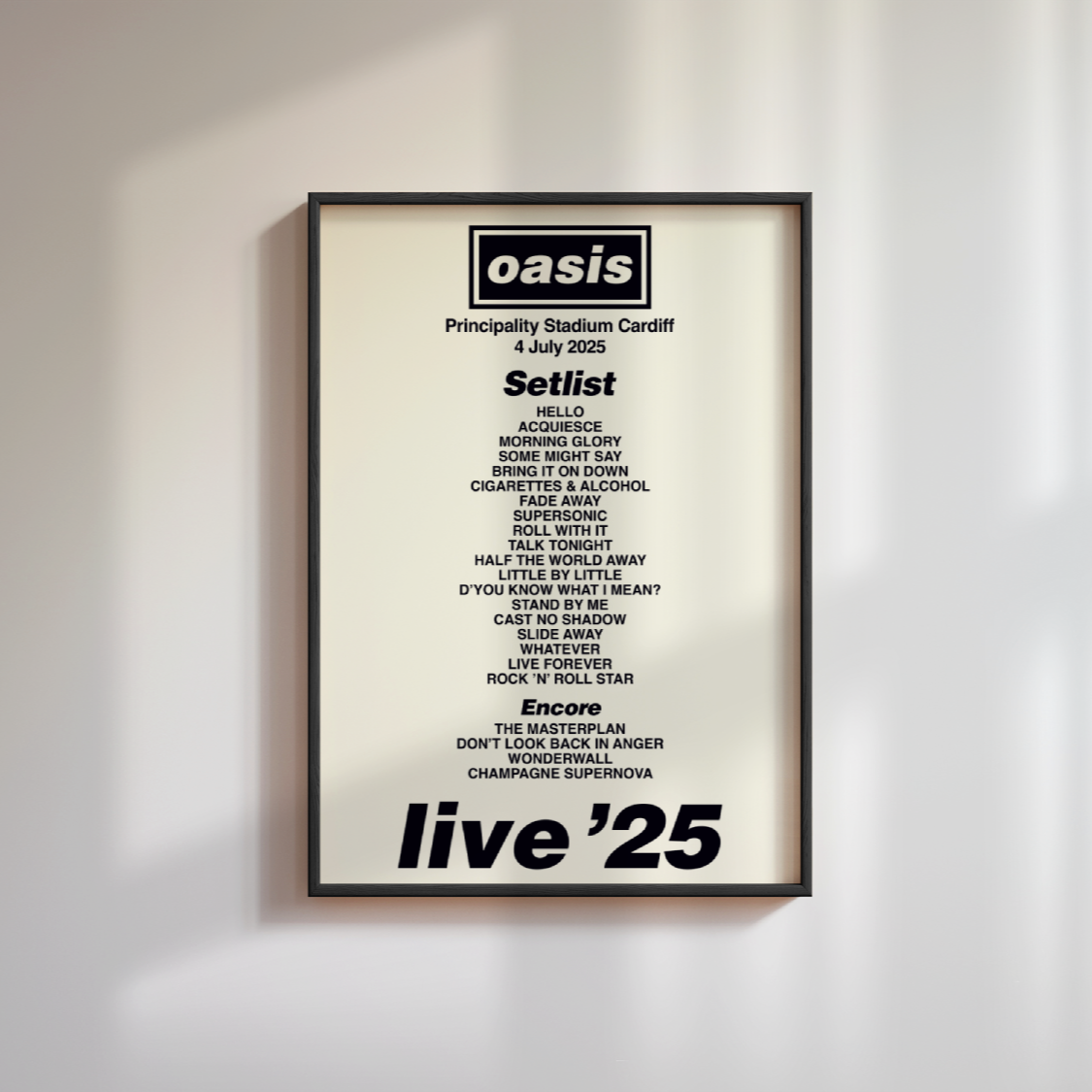 Oasis Cardiff Tour Setlist Poster