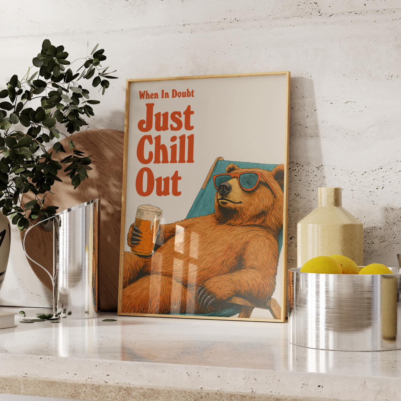 Retro Bear Drinking Beer Poster UK